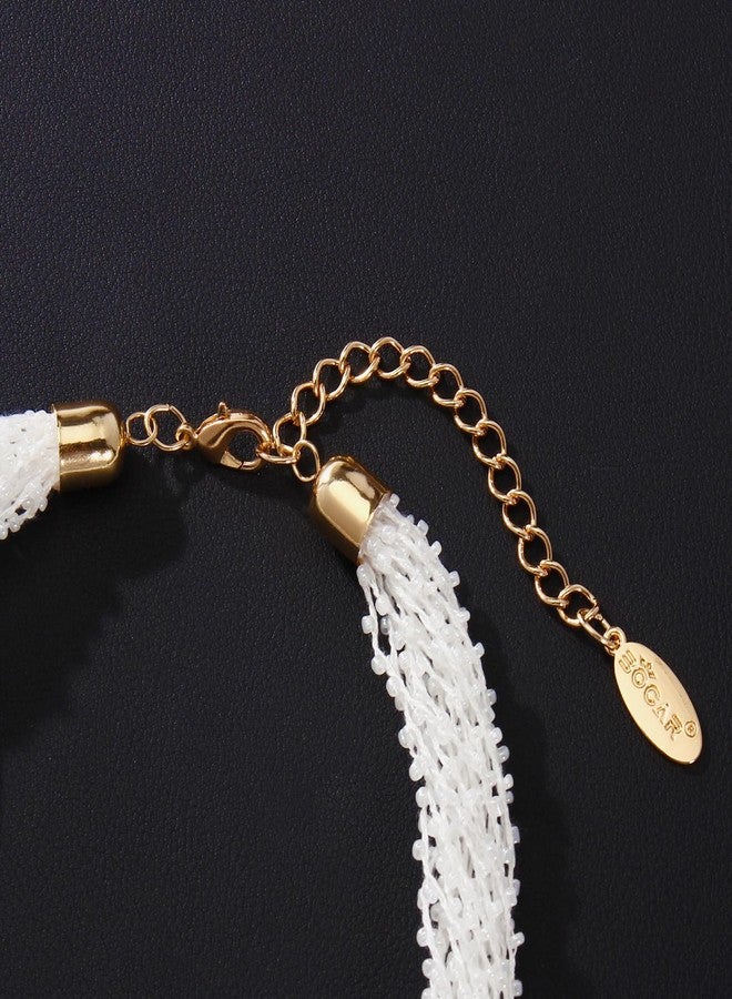 بوكار طقم مجوهرات بوكار متعدد الطبقات، قلادة دائرية مصنوعة يدوياً من الخرز بطول 20 بوصة مع أقراط للنساء (NK-10678-white-set) - Image 5