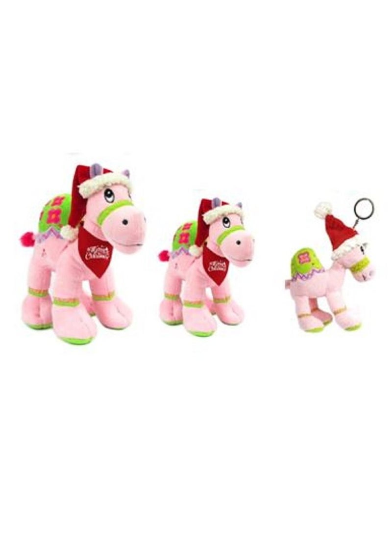 Fay Lawson Bundle item - Pink camel with Santa hat with red bandana, size 25cm, size 18cm, size 12cm with keyring attachment 