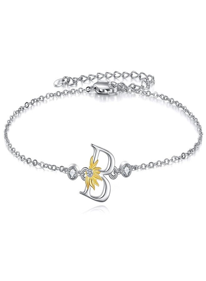 POPLYKE Sterling Silver Initial Alphabet Letter Script Name Bracelet - Sunflower Initial Chain Bracelet for Women (B) - Image 1