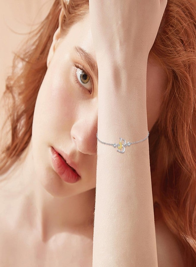 POPLYKE Sterling Silver Initial Alphabet Letter Script Name Bracelet - Sunflower Initial Chain Bracelet for Women (B) - Image 2