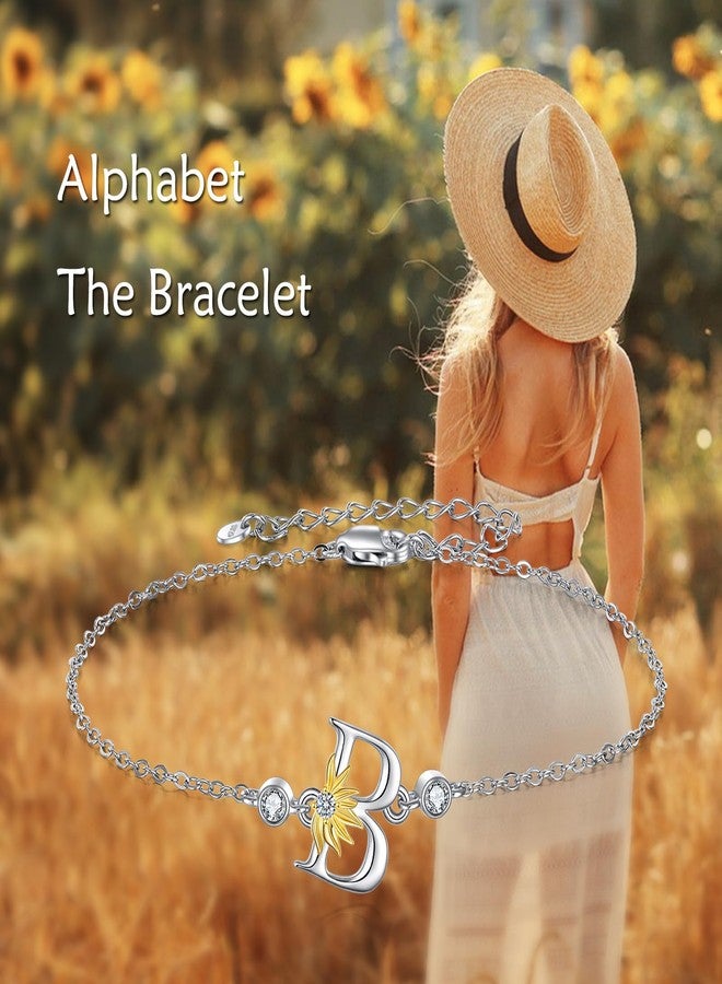 POPLYKE Sterling Silver Initial Alphabet Letter Script Name Bracelet - Sunflower Initial Chain Bracelet for Women (B) - Image 3