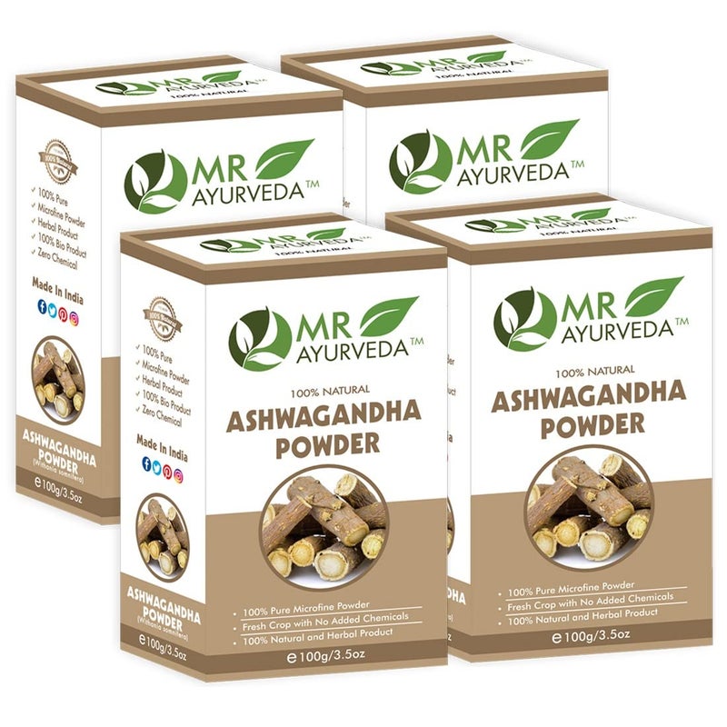 MR Ayurveda مسحوق أشواغاندا العضوي 100% من MR Ayurveda - مسحوق أشواغاندا للشعر - مسحوق أشواغاندا للوجه - مسحوق أشواغاندا للبشرة - بدون مواد كيميائية مضافة - مجموعة من 4 - 400 جرام - Image 1