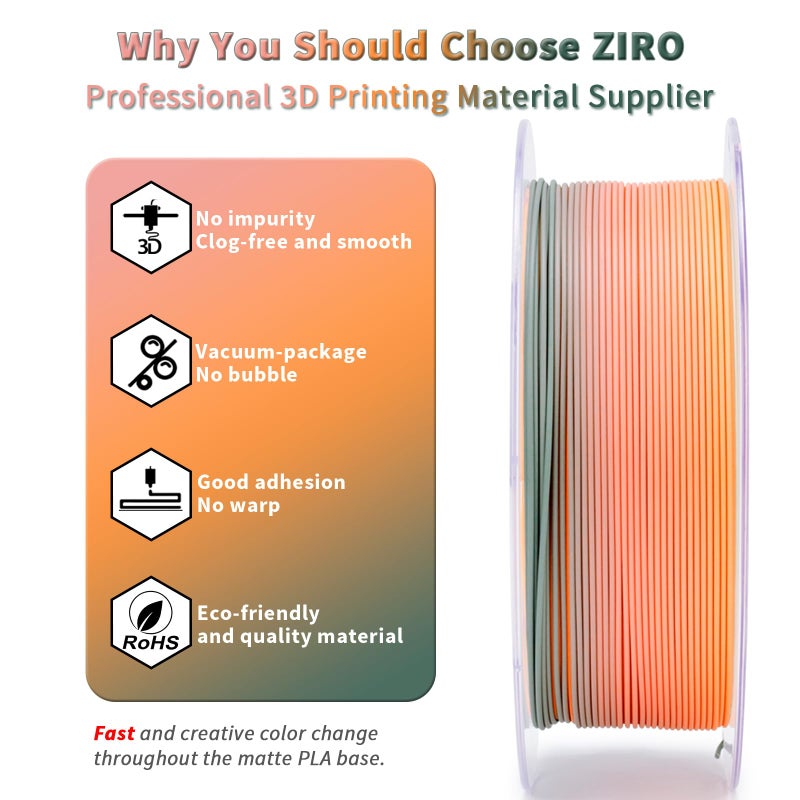 ZIRO PLA Filament 1.75mm, Matte Rainbow 3D Printer Filament, Fast Color Gradient Change PLA, Color Change by Length, Fit Most FDM Printers, Dimensional Accuracy +/-0.03mm, 1KG Spool, Harvest Bliss - Image 3
