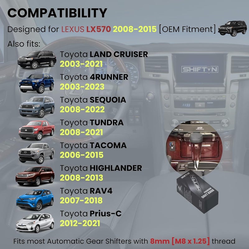 SHIFTIN مقبض ناقل حركة بديل لكزس LX570 2008-2015، يناسب تويوتا 4Runner سيكويا تندرا SUV، قطعة TRD Off-Road 33504-60380-C1 E1 60350-E0، M8 x 1.25 (جلد أسود/خشب ماهوجني) - Image 3