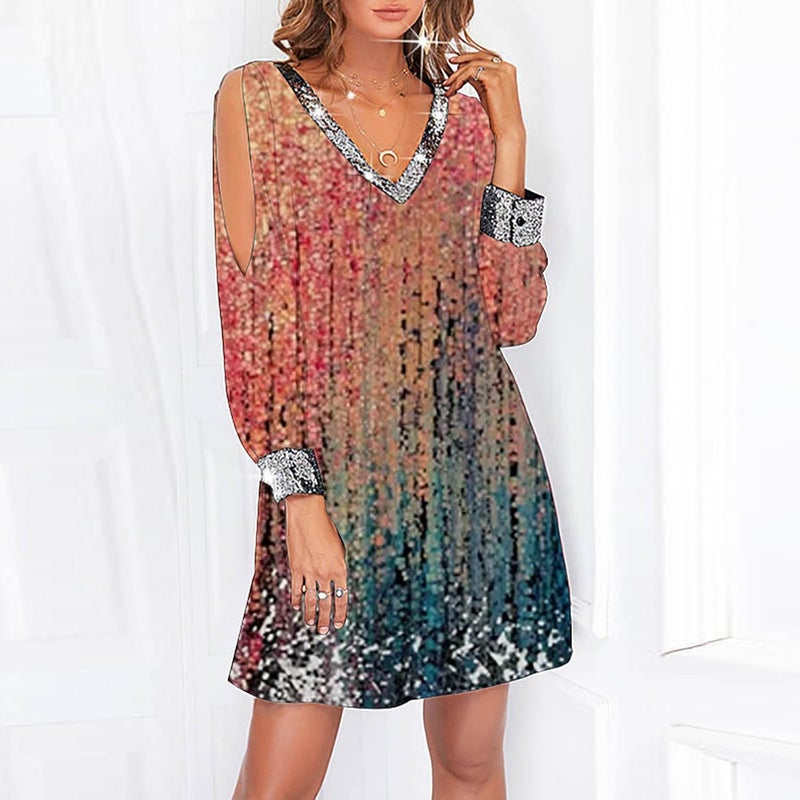 cheekyglo Women's Deep V-Neck Dress Loose Long Sleeve Waist Tie Mini Dresses Classic Casual Party Dress - Image 1