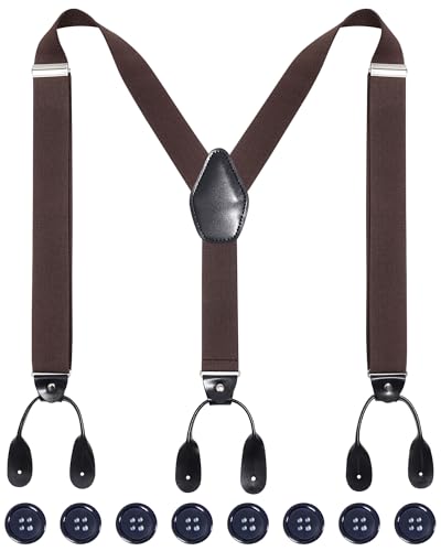 Kajeer Mens Adjustable Button End Suspenders - Y-Back Elastic Tuxedo Suspenders with Heavy Duty Leather Buttons End (Coffee) - Image 1