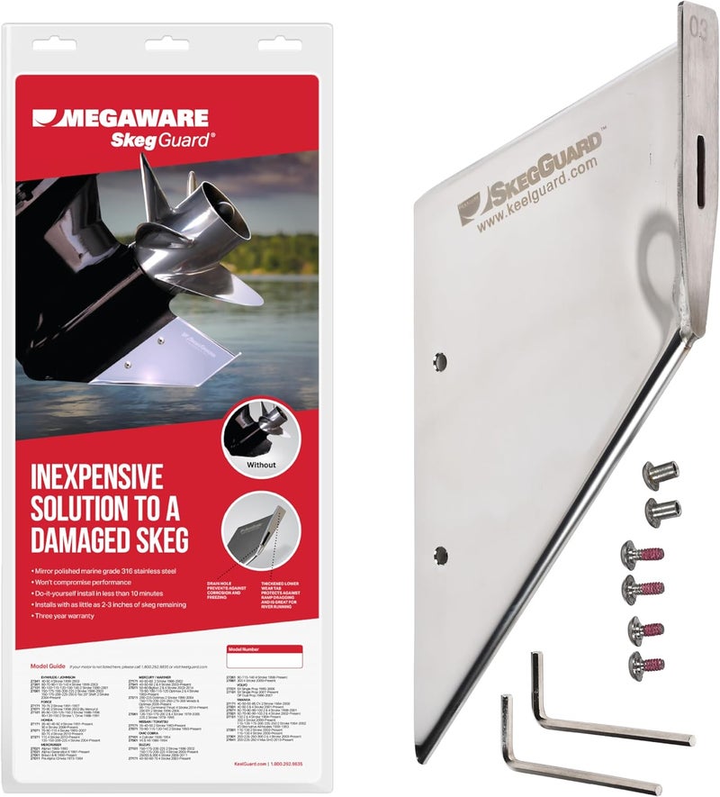 MEGAWARE KEELGUARD Store 27081 SKEGGUARD Fits OMC Suzuki Evinrude Outboard Motors (See Listing for Fitment Details) 316 Marine-Grade Stainless Steel Guard Protector with Drain, Prevents Skeg Damage, DIY - Image 1