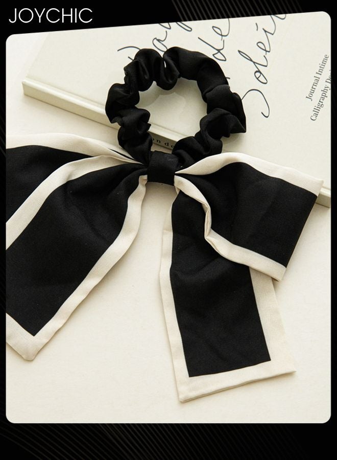 Joychic 2 قطع من وشاح الشعر الأسود والبيج مع رباط قوس للنساء والفتيات، رباط قوس للشعر، أربطة شعر مع قوس، أربطة شعر شيفون قصيرة لحامل ذيل الحصان - Image 5