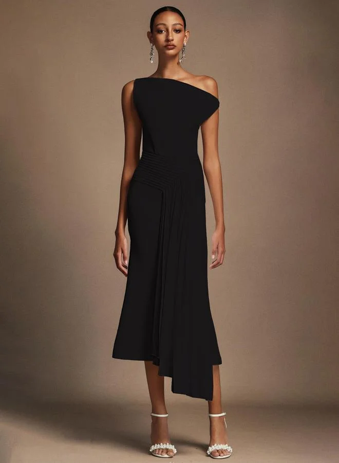 Women Black One Shoulder Pleated Midi Dress