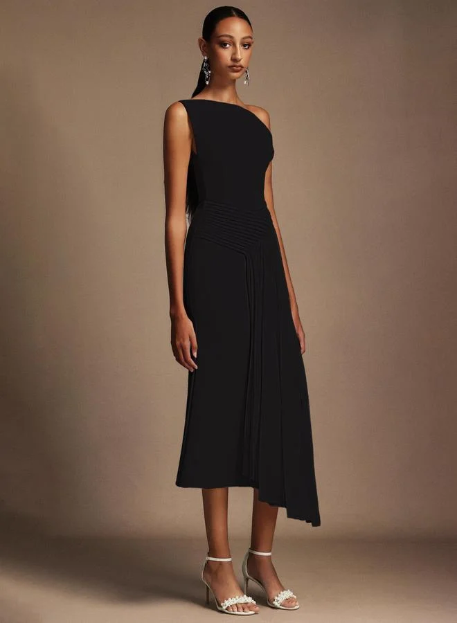 Take Two Women Black One Shoulder Pleated Midi Dress