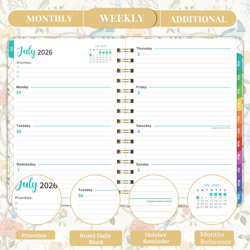 Indeme Planner 2026-2027 - 2026-2027 Planner weekly and monthly, July 2026 - June 2027, 6.3â€˜â€™ x 8.4â€˜â€™, Academic Calendar 26-27 with Colourful Tabs, Inner Pocket, Premium Paper, Twin-wire Binding - Image 4