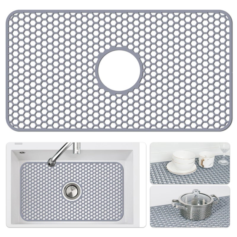 Bestjing Silicone Sink Mat - Protectors for Kitchen Sink with Center Drain, 26"x 14" Kitchen Grid Accessory, Non-Slip Heat-Resistant Mat for Bottom of Farmhouse Porcelain Stainless Steel (Center Hole) - Image 1