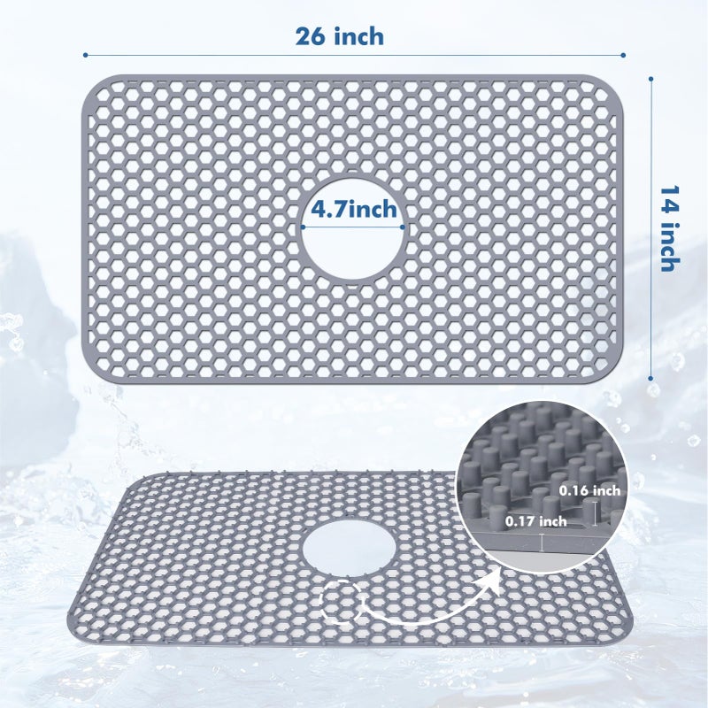 Bestjing Silicone Sink Mat - Protectors for Kitchen Sink with Center Drain, 26"x 14" Kitchen Grid Accessory, Non-Slip Heat-Resistant Mat for Bottom of Farmhouse Porcelain Stainless Steel (Center Hole) - Image 3