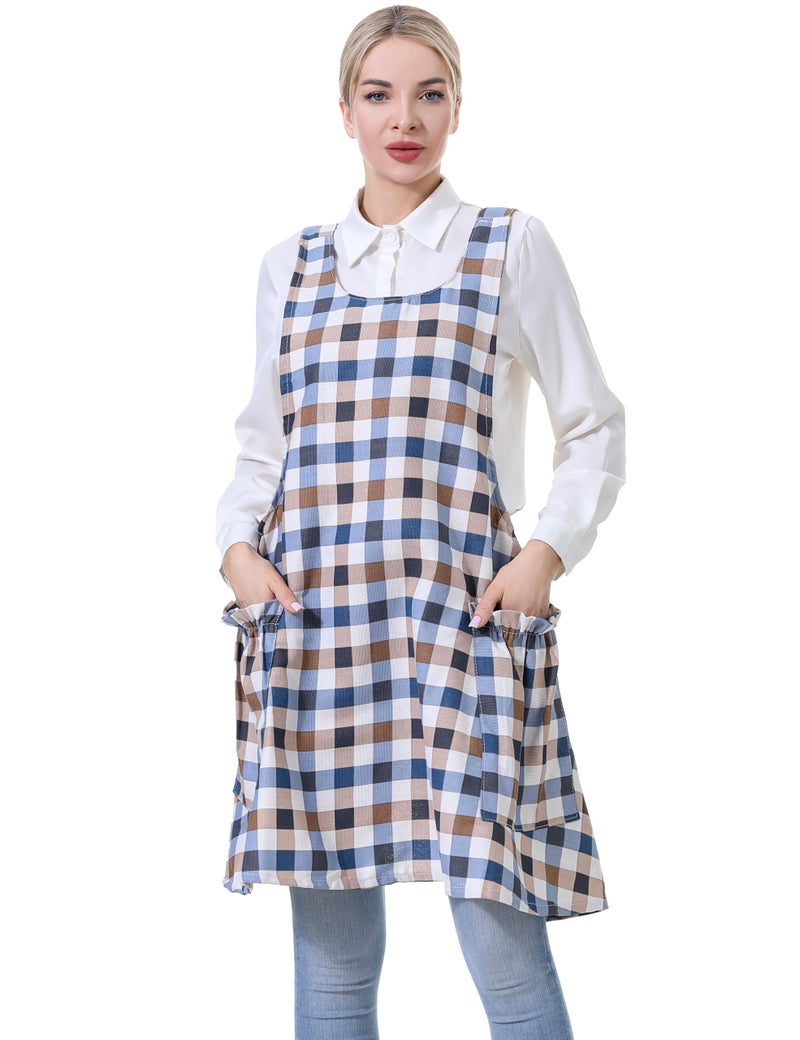 APRONNER Cozy Adjustable Cross Back Aprons for Women with Pockets Cotton Linen Cooking Kitchen Baking Blue Grid