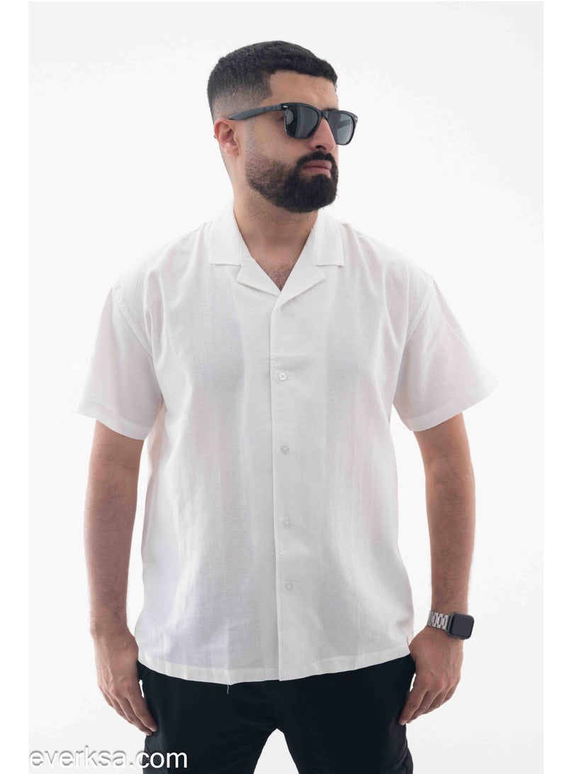 Everest Men's Plain Linen Half-sleeve White Shirt - Image 1