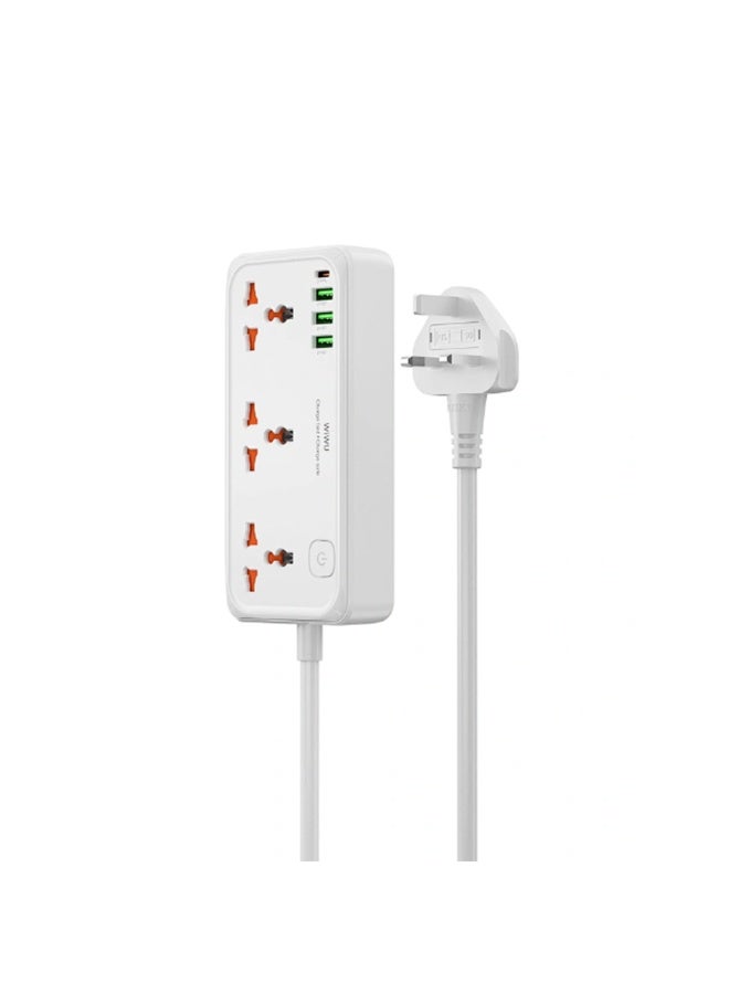 دبليو اي دبليو يو مشترك كهرباء WiWU Wi-S005 متعدد 7 في 1 بقدرة 30W GaN مع USB-C و3 USB-A و3 منافذ AC – أبيض - Image 2