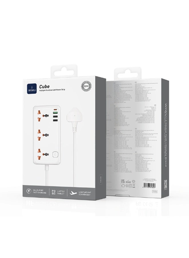 دبليو اي دبليو يو مشترك كهرباء WiWU Wi-S005 متعدد 7 في 1 بقدرة 30W GaN مع USB-C و3 USB-A و3 منافذ AC – أبيض - Image 1