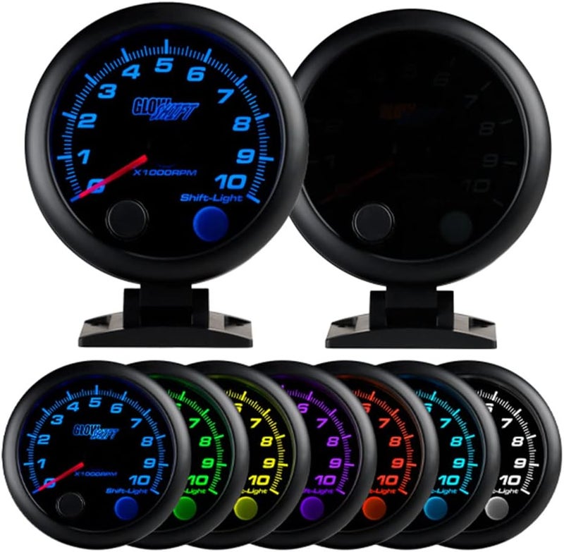 GLOWSHIFT Tinted 7 Color 10,000 RPM On-Dash Tachometer Gauge - for 1-10 Cylinder Gas Powered Engines - Includes Shift Light & Wiring - Multi-Color Display - Black Dial - Smoked Lens - 3-3/4" 95mm - Image 1