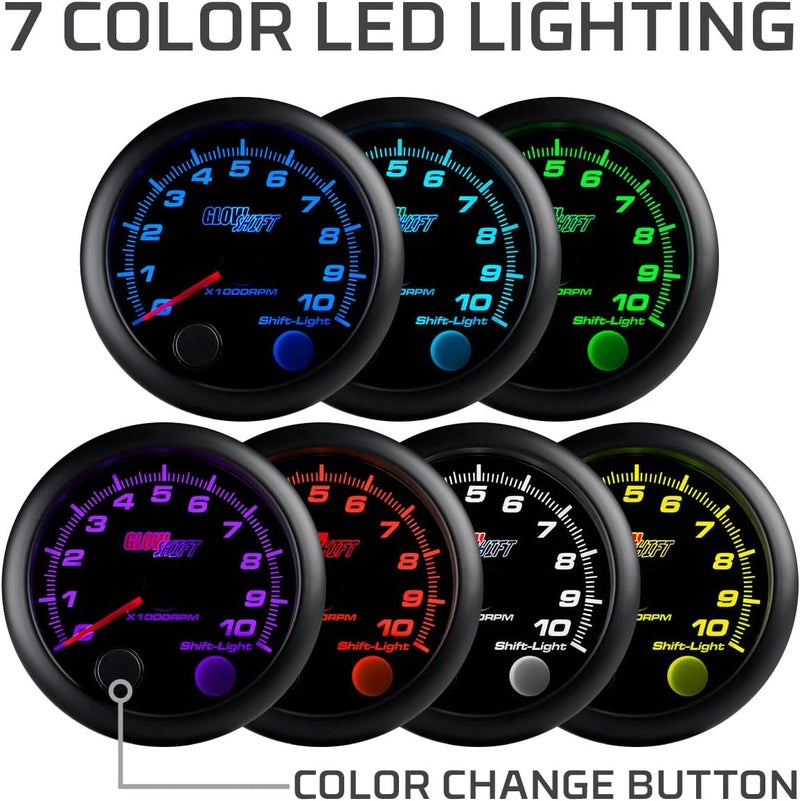 GLOWSHIFT Tinted 7 Color 10,000 RPM On-Dash Tachometer Gauge - for 1-10 Cylinder Gas Powered Engines - Includes Shift Light & Wiring - Multi-Color Display - Black Dial - Smoked Lens - 3-3/4" 95mm - Image 2