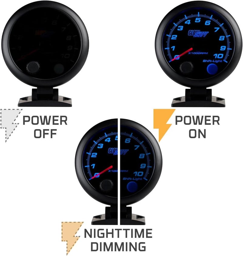 GLOWSHIFT Tinted 7 Color 10,000 RPM On-Dash Tachometer Gauge - for 1-10 Cylinder Gas Powered Engines - Includes Shift Light & Wiring - Multi-Color Display - Black Dial - Smoked Lens - 3-3/4" 95mm - Image 3