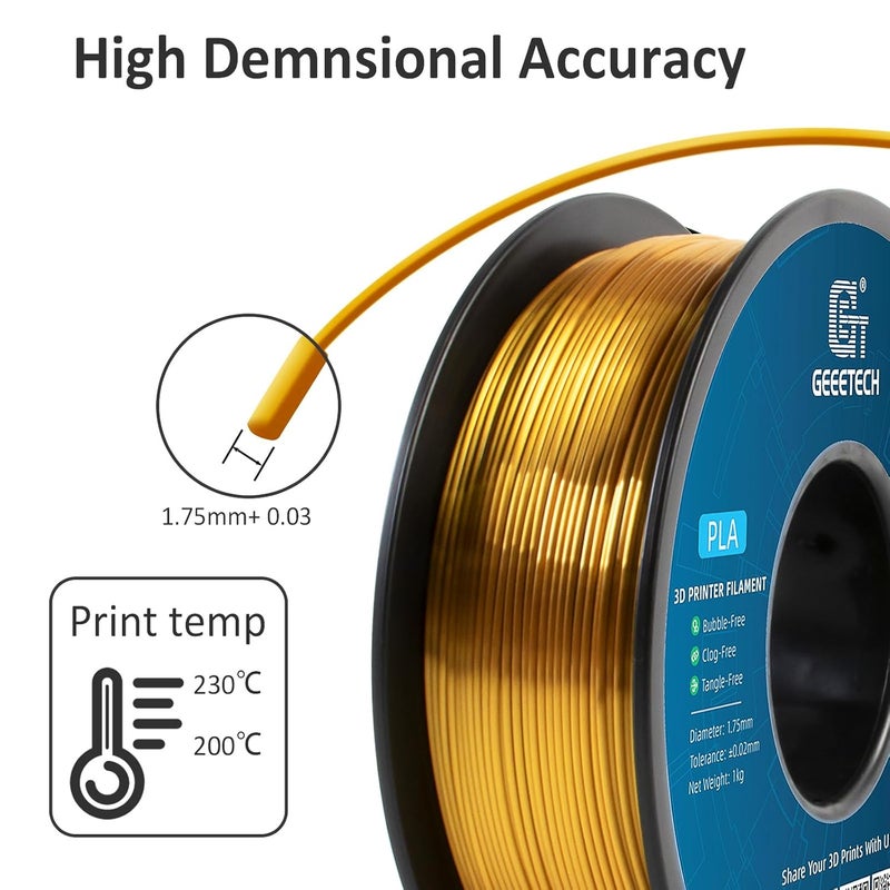 Geeetech Silk PLA Filament 1.75mm for 3D Printer, Metal-Like Shiny Consumables 1kg (2.2lbs) 1 Spool, Dimensional Accuracy +/- 0.02 mm, Metallic Gold Silk Filament - Image 5