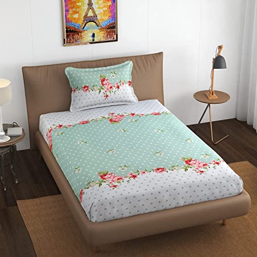 SpangleHomes 100% Soft Glace Cotton Elastic Fitted Single Bed Bedsheet with 1 Large Pillow Cover(Single Bed 36 X72X6 Inches,Green Center Flower),300 TC - Image 1