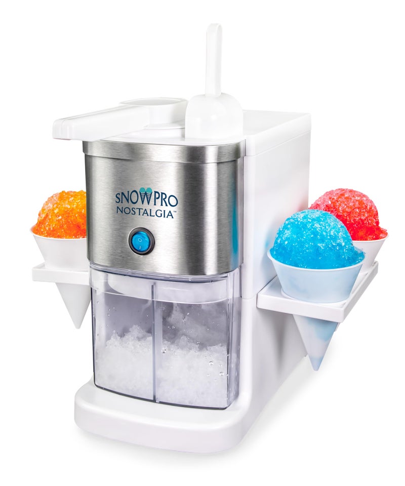 Nostalgia SnowPro Electric Shaved Ice Snow Cone Maker 64Ounce Ice Shaving Capacity 4 Reusable Cones Side Shelves and Scoop Included