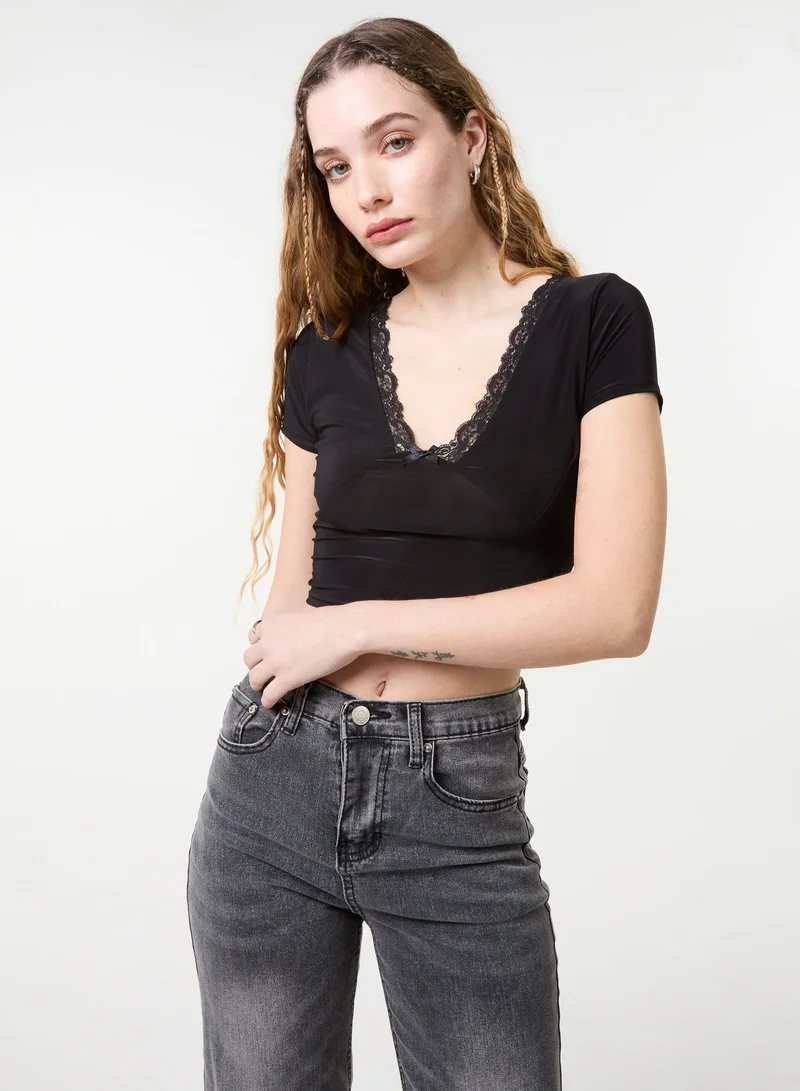 Pink Vanilla  Slinky V Neck Top With Lace Trim for Women | Best Price UAE