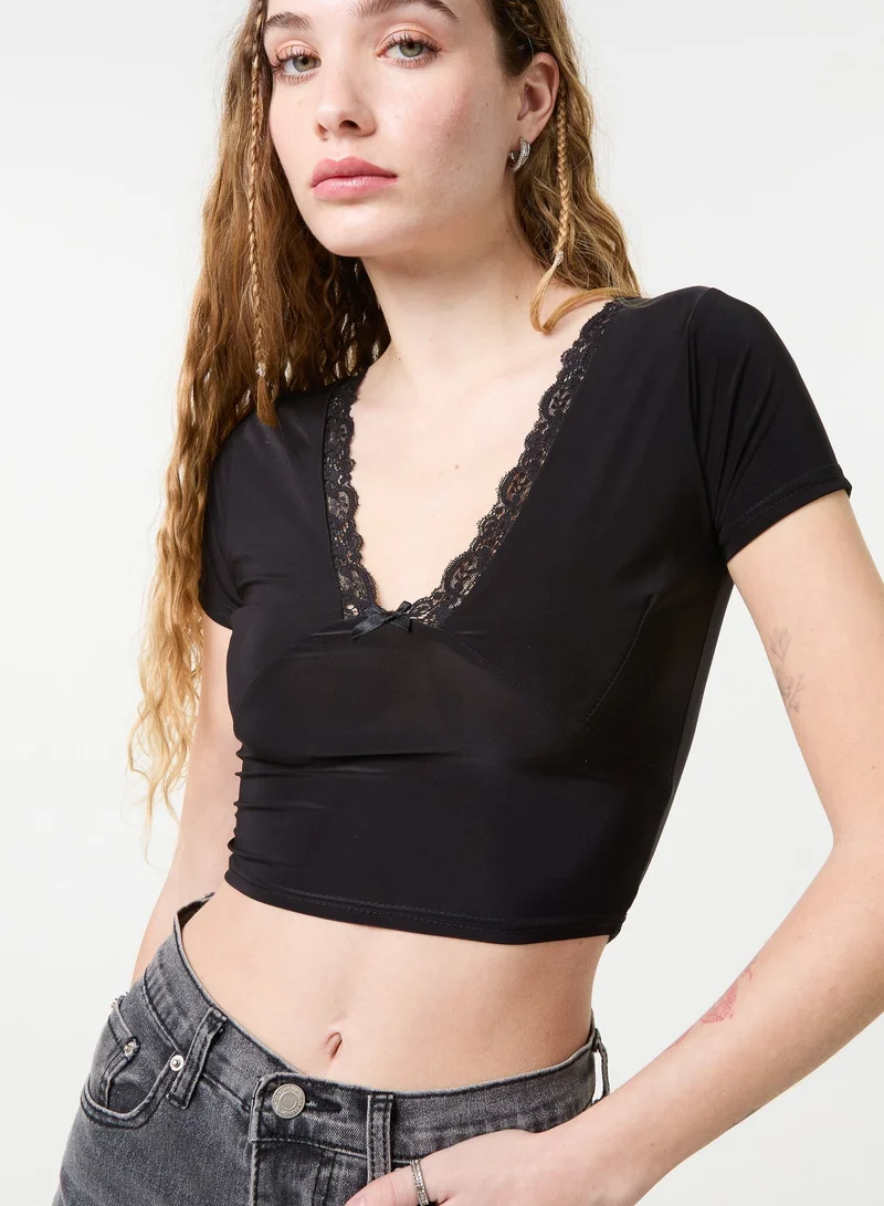 Pink Vanilla Slinky V Neck Top With Lace Trim