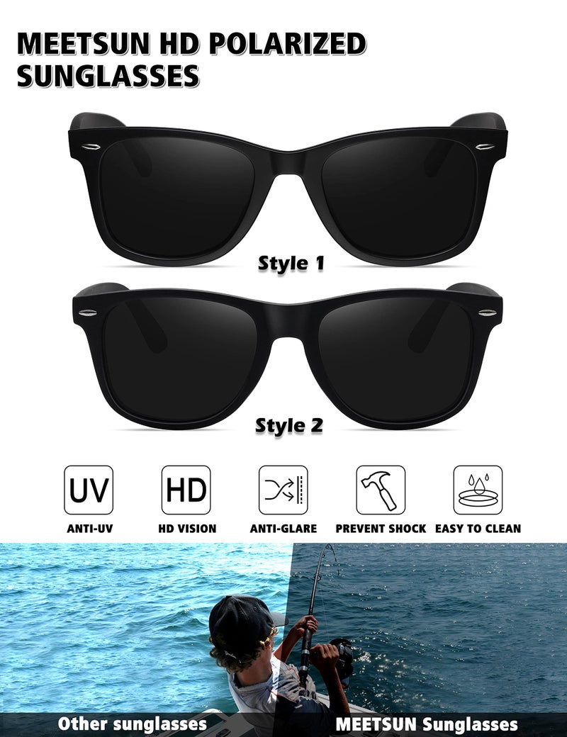 MEETSUN Polarized Sunglasses for Men Women Classic Retro Sun Glasses for Driving Fishing UV Protection 2 Pack C3 Matte Black Frame/Grey Lens - Image 2