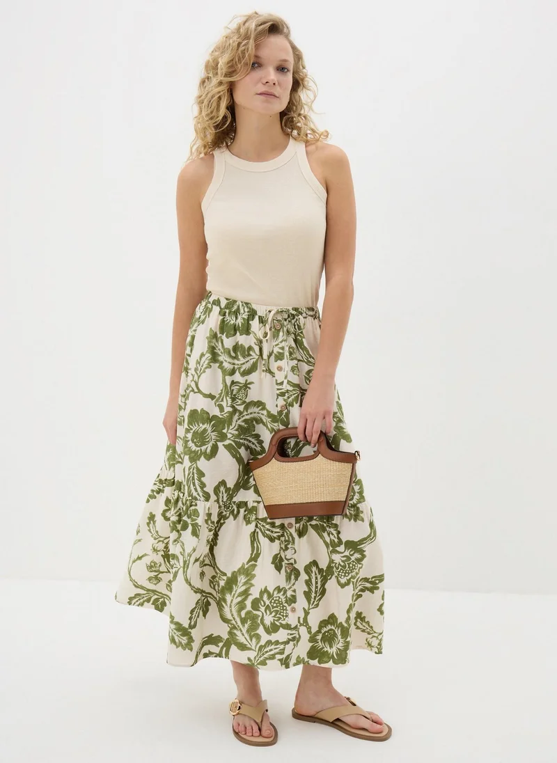 Matalan Green Floral Button Front Tiered Midaxi Skirt