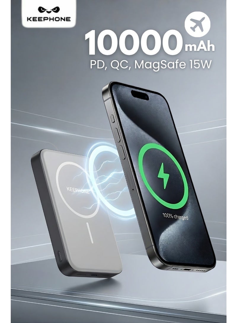 كيب هون كي فون بنك طاقة مغناطيسي 10000 مللي أمبير، بطارية فائقة النحافة بتقنية الحالة الصلبة، شحن لاسلكي MagSafe بقدرة 15 واط، شحن سريع PD ‏20 واط وQC ‏22.5 واط، منافذ USB-C وUSB-A، مع كابل USB-C إلى USB-C، شاحن محمول لأجهزة آيفون 17/16/15/14/13 - Image 2