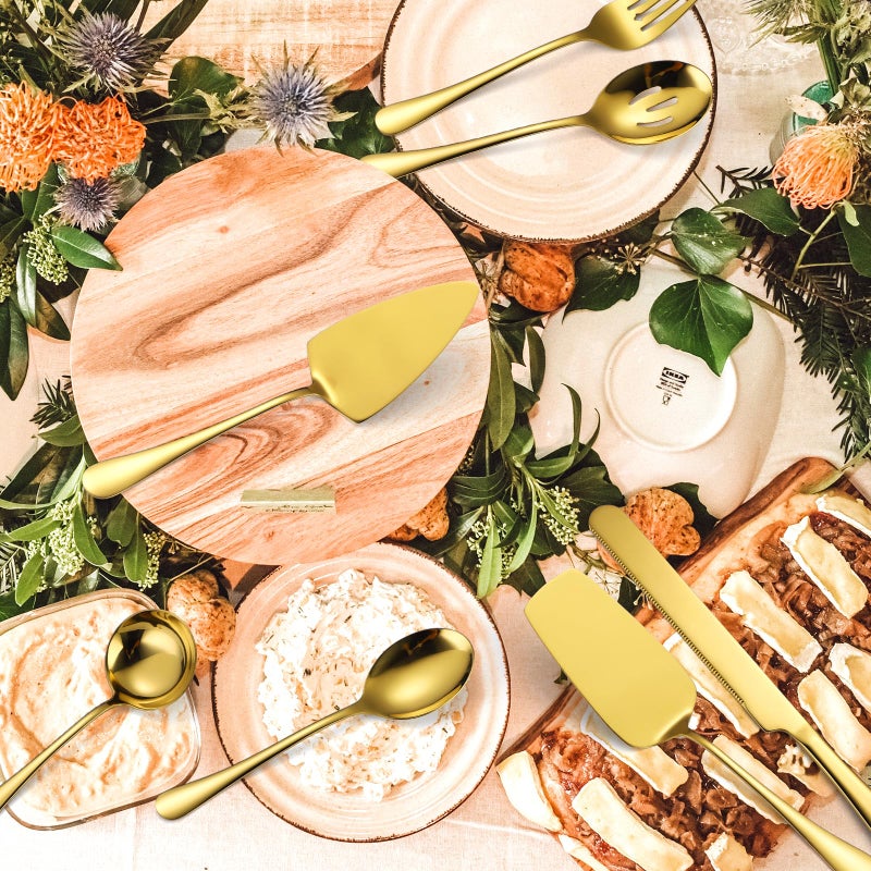 A · HOUSEWARE Gold Serving Utensils Set Stainless Steel Large Silverware 7 Piece Include Big Spoon Fork Cake Server Knife Pizza Spatula Pefect for Buffet Catering Flatware - Image 2