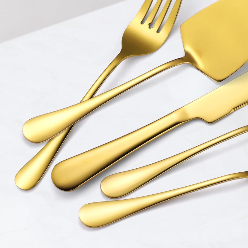 A · HOUSEWARE Gold Serving Utensils Set Stainless Steel Large Silverware 7 Piece Include Big Spoon Fork Cake Server Knife Pizza Spatula Pefect for Buffet Catering Flatware - Image 5
