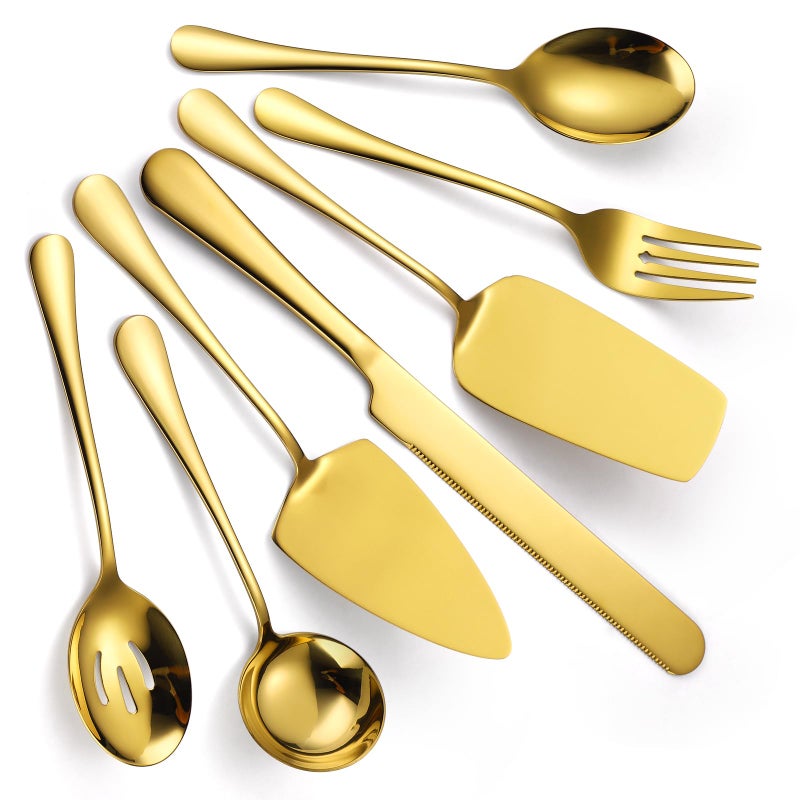A · HOUSEWARE Gold Serving Utensils Set Stainless Steel Large Silverware 7 Piece Include Big Spoon Fork Cake Server Knife Pizza Spatula Pefect for Buffet Catering Flatware - Image 1