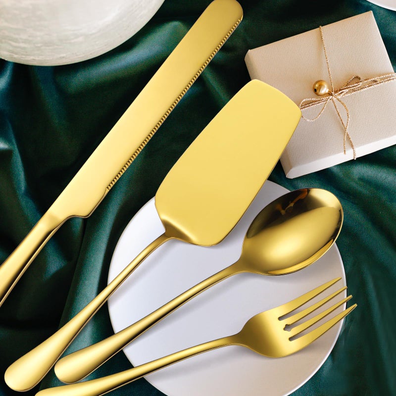 A · HOUSEWARE Gold Serving Utensils Set Stainless Steel Large Silverware 7 Piece Include Big Spoon Fork Cake Server Knife Pizza Spatula Pefect for Buffet Catering Flatware - Image 4