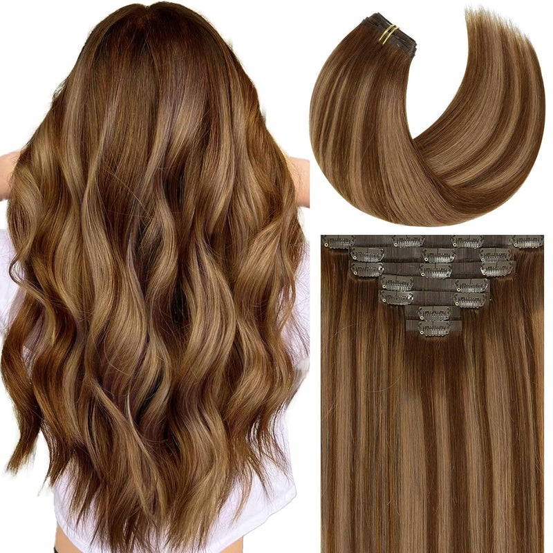 Caliee Seamless Clip in Hair Extensions 14Inch Balayage Human Hair Extensions 110G Full Head Double Weft R4427 Chocolate Brown to Caramel Blonde with Brown Roots 7Pcs Human Hair Clip in Extensions