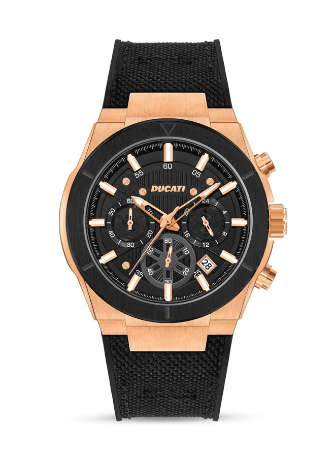 Ducati DT004 Men's Chronograph Watch with Rose Gold Accents, Black Textured Dial, Leather Strap, 43.5mm