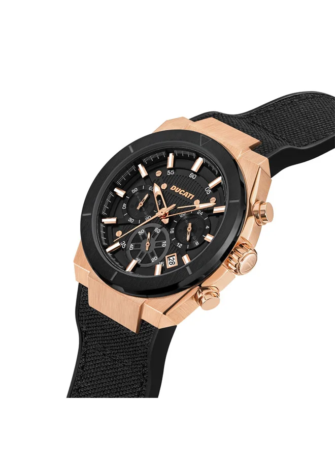 Ducati DT004 Men's Chronograph Watch with Rose Gold Accents, Black Textured Dial, Leather Strap, 43.5mm