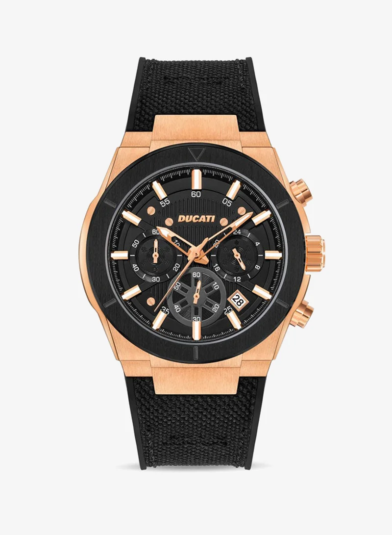 Ducati DT004 Men's Chronograph Watch with Rose Gold Accents, Black Textured Dial, Leather Strap, 43.5mm