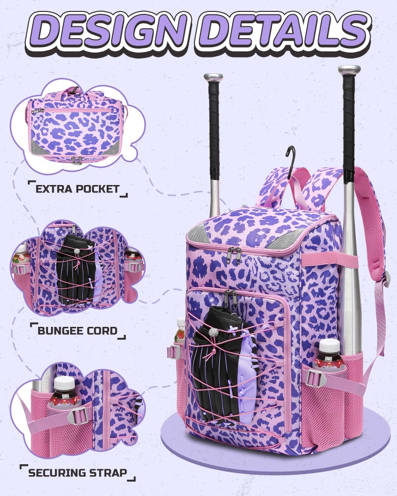 FOKDUVB Baseball Softball Equipment Bag for Boys Girls Ages 8-12 10-12 12-14 Large Kids Youth Bat Bag Backpack with Ventilated Shoe Compartment Baseball Softball Stuff Supplies (Purple, Leopard) - Image 4