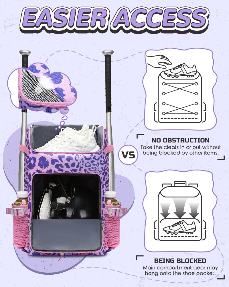 FOKDUVB Baseball Softball Equipment Bag for Boys Girls Ages 8-12 10-12 12-14 Large Kids Youth Bat Bag Backpack with Ventilated Shoe Compartment Baseball Softball Stuff Supplies (Purple, Leopard) - Image 3