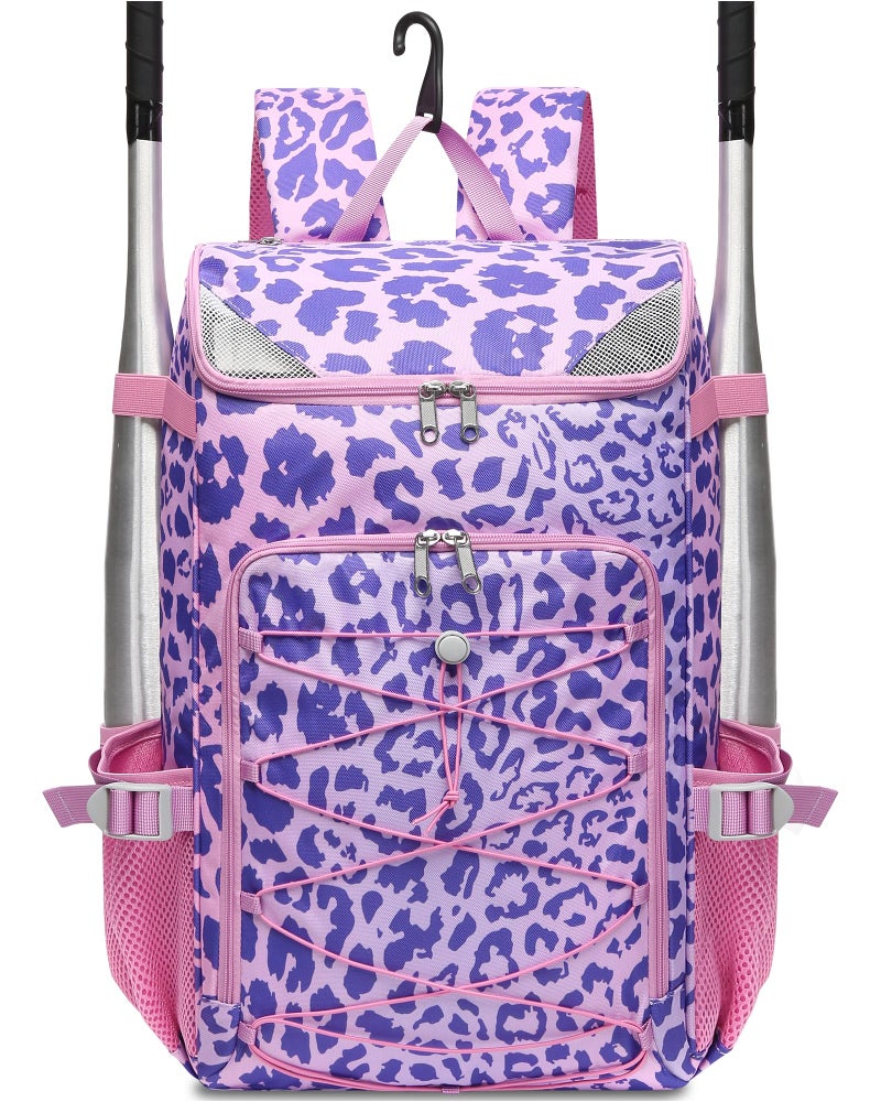 FOKDUVB Baseball Softball Equipment Bag for Boys Girls Ages 8-12 10-12 12-14 Large Kids Youth Bat Bag Backpack with Ventilated Shoe Compartment Baseball Softball Stuff Supplies (Purple, Leopard) - Image 1