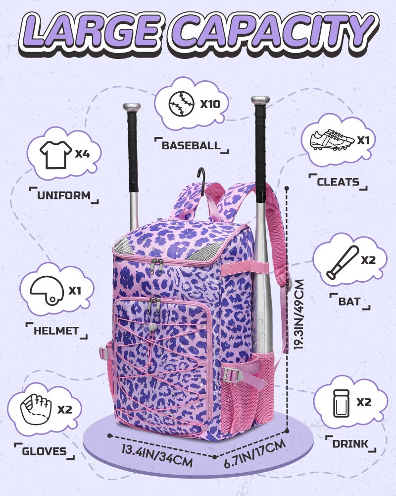 FOKDUVB Baseball Softball Equipment Bag for Boys Girls Ages 8-12 10-12 12-14 Large Kids Youth Bat Bag Backpack with Ventilated Shoe Compartment Baseball Softball Stuff Supplies (Purple, Leopard) - Image 2
