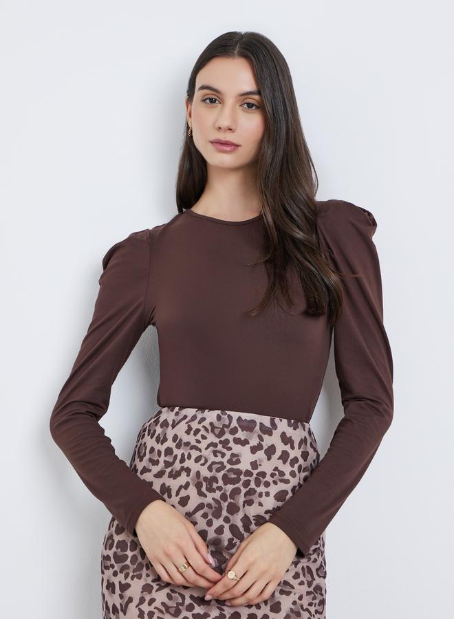 Take Two Brown Solid Puff Sleeve Knit Top - Image 1