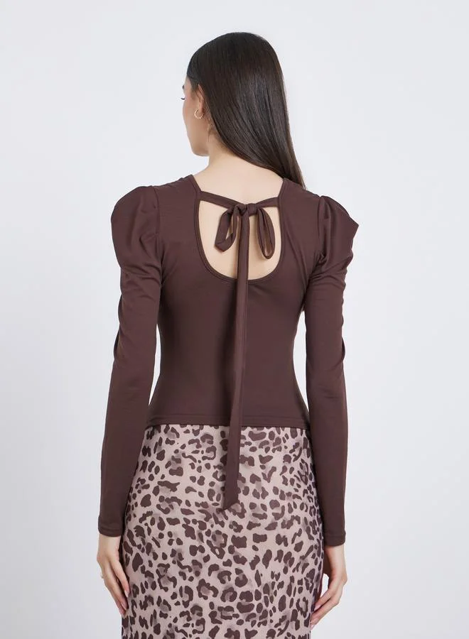 Take Two Take Two Brown Solid Puff Sleeve Knit Top
