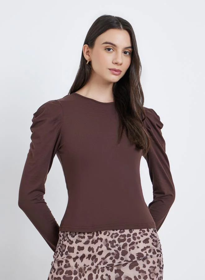 Take Two Take Two Brown Solid Puff Sleeve Knit Top