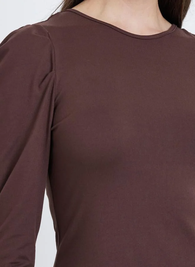 Take Two Take Two Brown Solid Puff Sleeve Knit Top