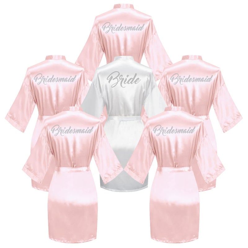 Valennia 6 Pieces Bridal Shower Bathrobe for Bride and Bridesmaid Robe with Rhinestone Getting Ready Kimono Gown - Image 1
