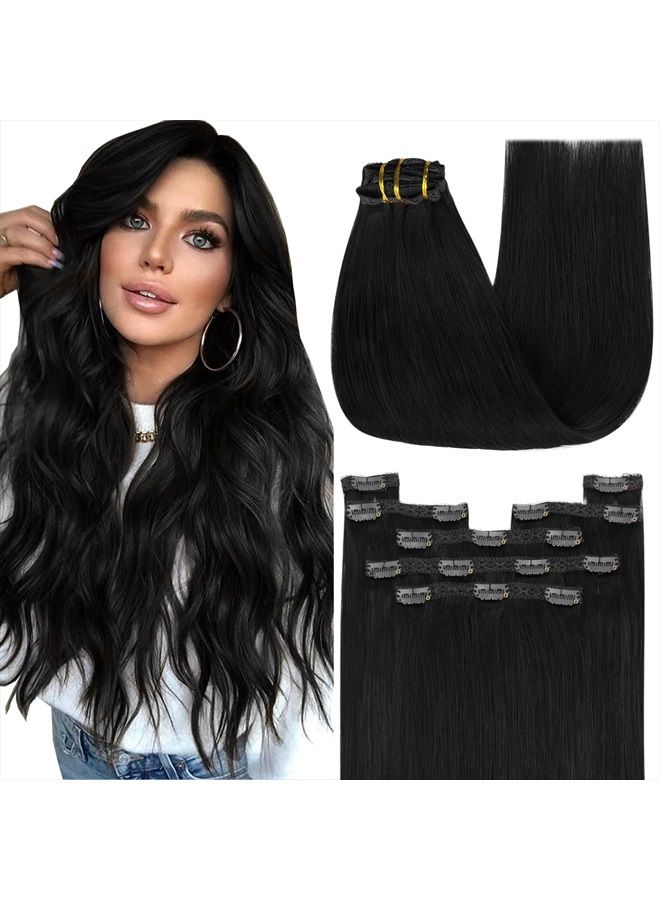 YoungSee Jet Black Clip in Hair Extensions 12 inch 80g Clip in Hair Extensions Real Human Hair Black 7pcs Silky Straight Clip in Black Hair Extensions Real Human Hair Clip in Extensions - Image 1